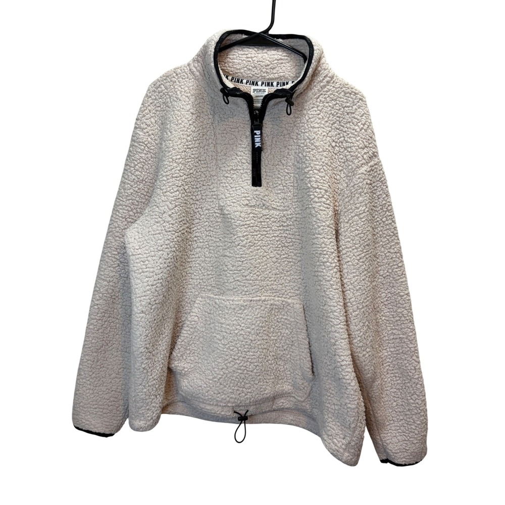 PINK Victorias Secret Pullover Women Large Cream Sherpa Fleece Quarter Zip Teddy